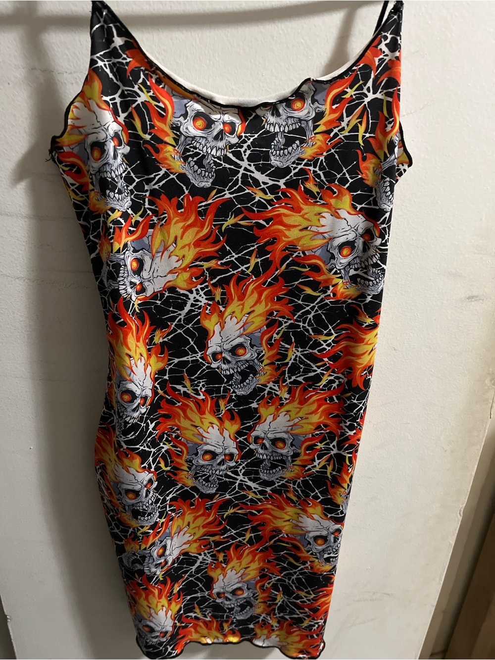 Black Mini Slip Dress with Orange & Yellow Flame Skull Print -size S